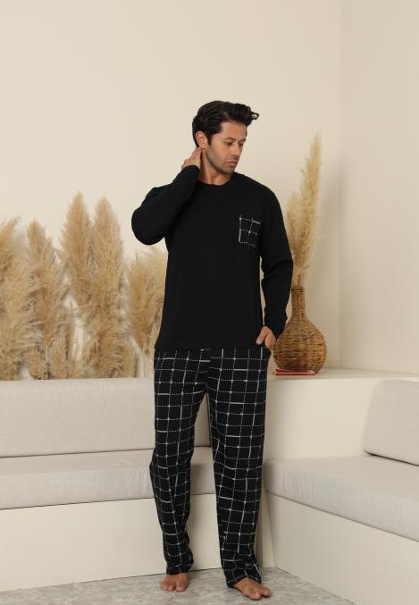 Pijama Barbati ,Maneca si Pantaloni Lungi,Culoare Negru cu Alb,Engros